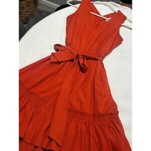 Calvin Klein Rust Orange-Red V Neck Sleeveless Ruffle Flare Dress